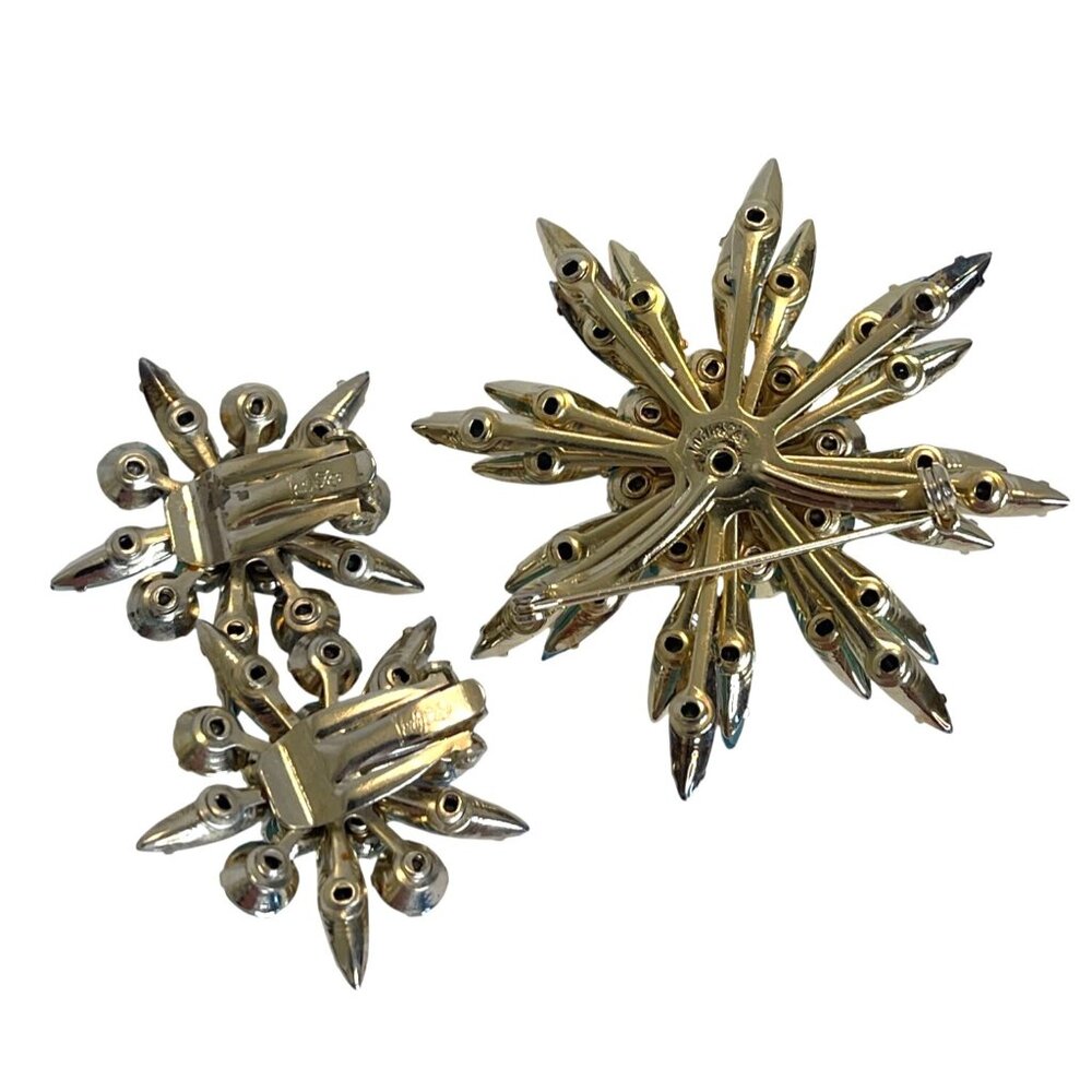 Judy Lee Aqua Blue AB Rhinestone Brooch Pin Clip On Earrings Set Starburst VTG - Picture 12 of 16